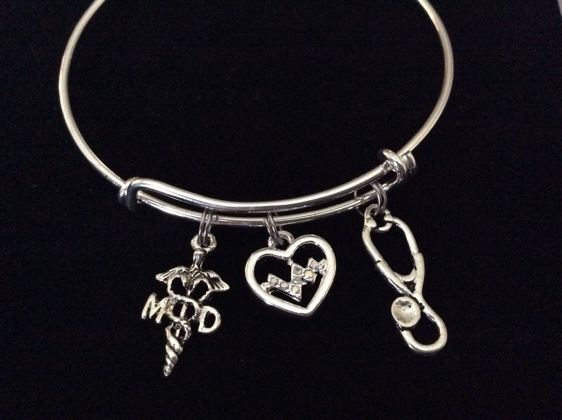 Heartbeat Doctor MD  Silver Charm Bracelet Expandable Adjustable Silver Wire Bangle