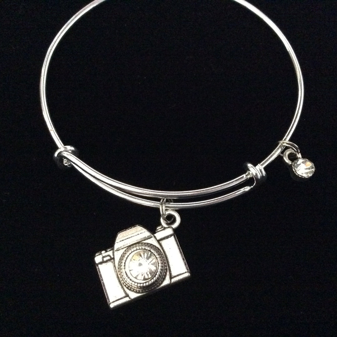Silver Camera Charm Bracelet Expandable Wire Bangle 