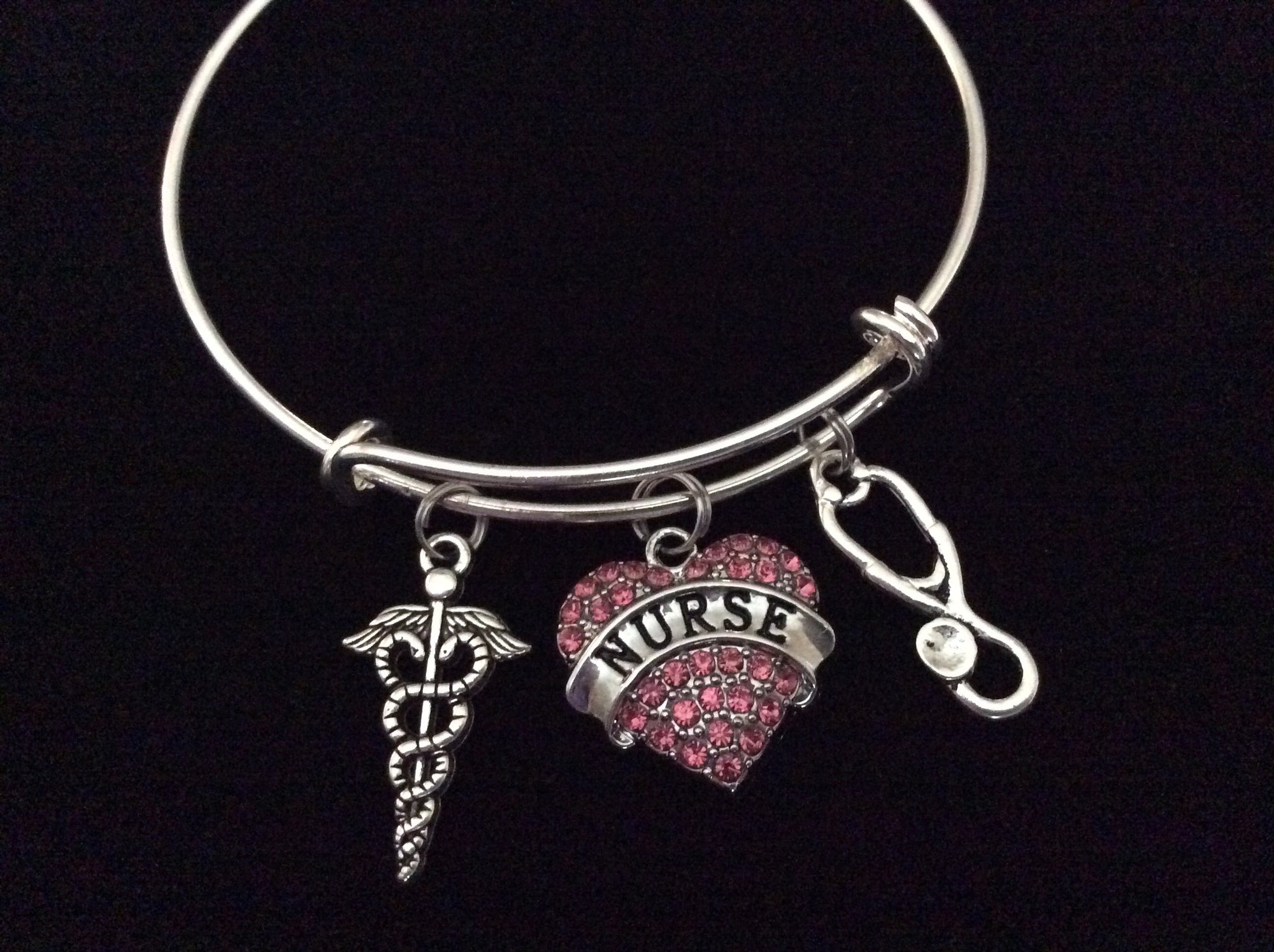 Nurse Pink Crystal Heart Charm Expandable Silver Bracelet Adjustable Wire Bangle Stethescope Caduceus