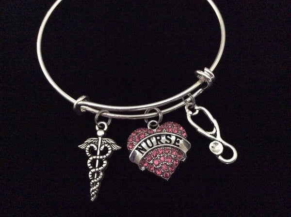 Nurse Pink Crystal Heart Charm Expandable Silver Bracelet Adjustable W ...