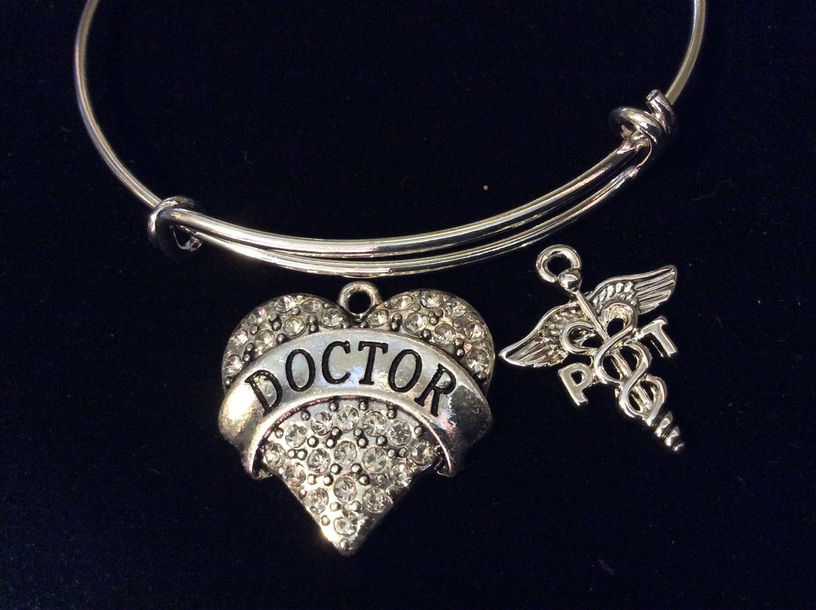 Doctor Heart with PT Caduceus Silver Charm Bracelet Expandable Adjustable Bracelet