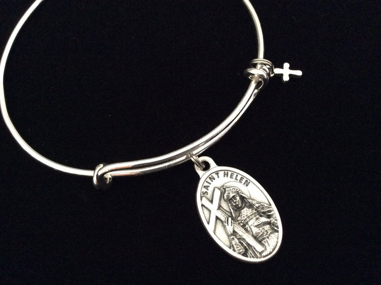 Saint Helen Medal Silver Expandable Charm Bracelet Double Sided Adjustable Wire Bangle Stacking Trendy Patron Marriages Relationships