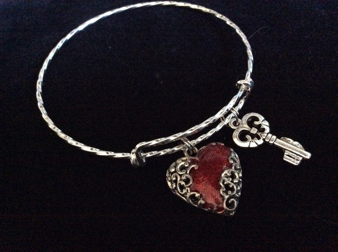Expandable Charm Bracelet Filigree Silver Key Heart 