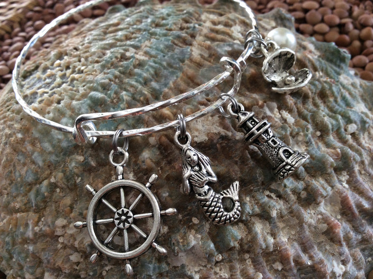 Dreaming of The Sea Expandable Nautical Bracelet Mermaid Lighthouse Wheel Clam Shell Pearl Twisted Silver Adjustable Wire Bangle Gift
