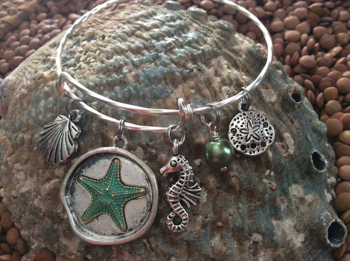 Expandable Nautical Bracelet Ocean Green Starfish Seashell Seahorse Sand Dollar and Pearl Twisted Matte Silver Adjustable Wire Bangle Gift