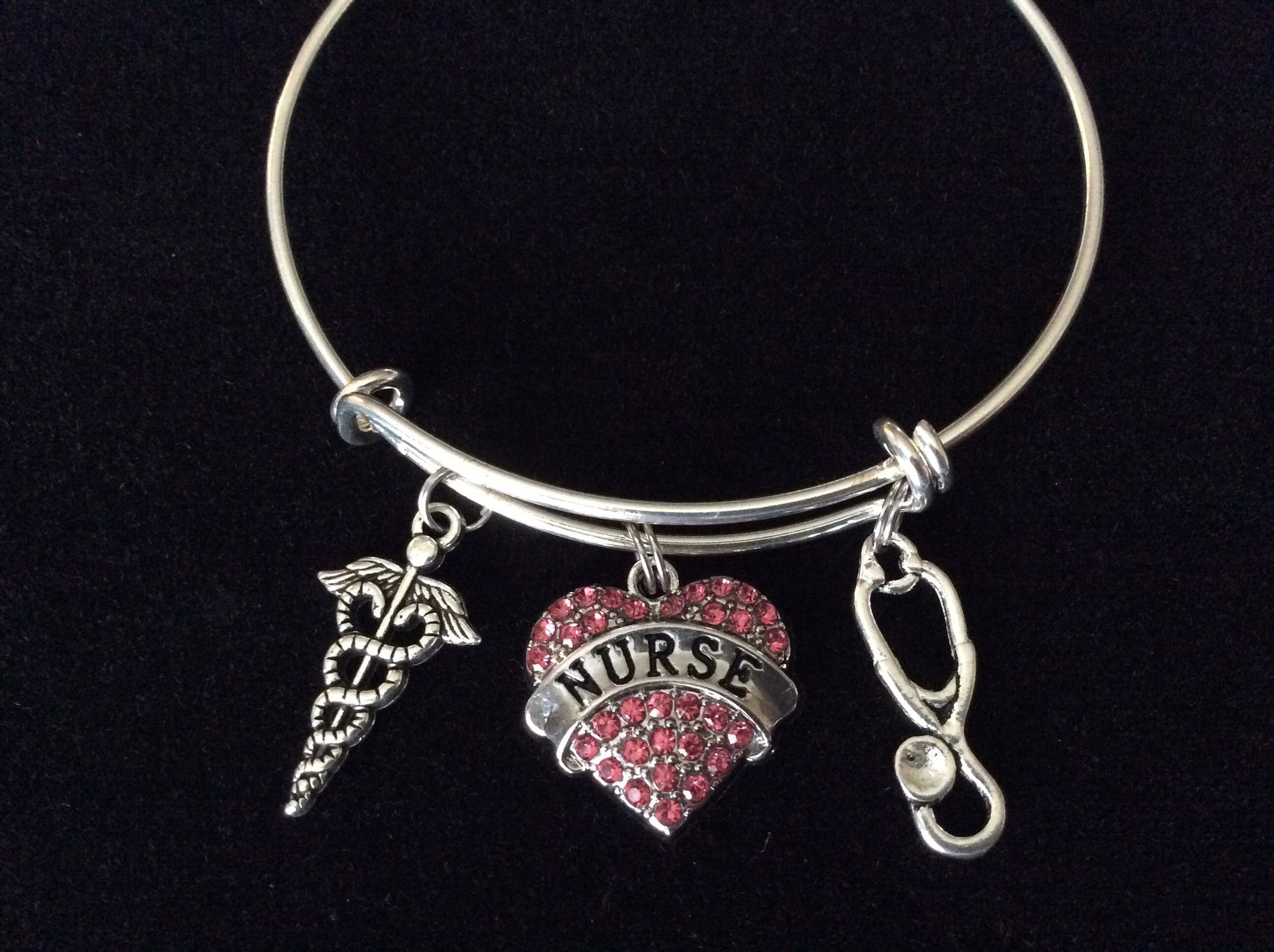 Nurse Pink Crystal Heart Charm Expandable Silver Bracelet Adjustable Wire Bangle Stethescope Caduceus