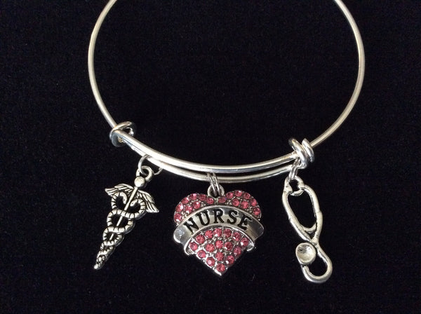 Nurse Pink Crystal Heart Charm Expandable Silver Bracelet Adjustable W ...