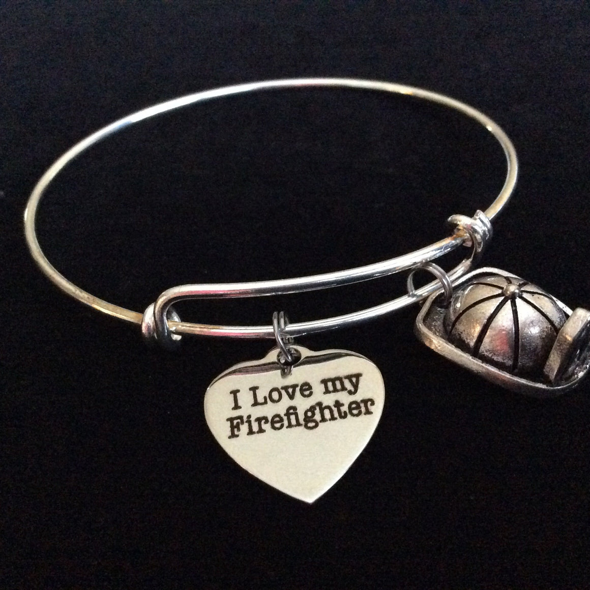 I Love My Fireman on Expandable Adjustable Wire Bangle Bracelet Occupational Fire Hat Fire Department Wife Gift