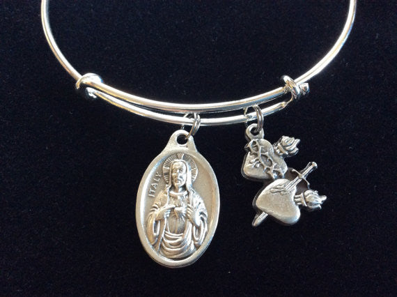 Silver Sacred Heart of Jesus Immaculate Heart of Mary Expandable Bracelet Inspirational Jewelry Adjustable Bangle