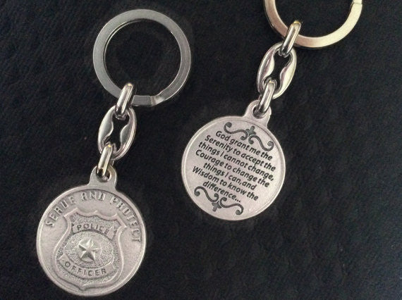 Serenity Prayer Serve and Protect Keychain Medal Silver Key Ring Protection Police Officer 