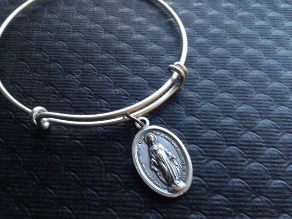 Miraculous Medal Mary Virgin Mary Silver Expandable Bangle