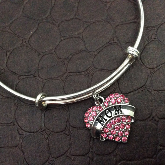 Pink Mom Crystal Heart Charm Silver Bracelet