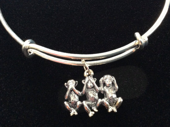 Hear no Evil, See no Evil, Speak no Evil Monkey's Charm on a Silver Expandable Adjustable Wire Bangle