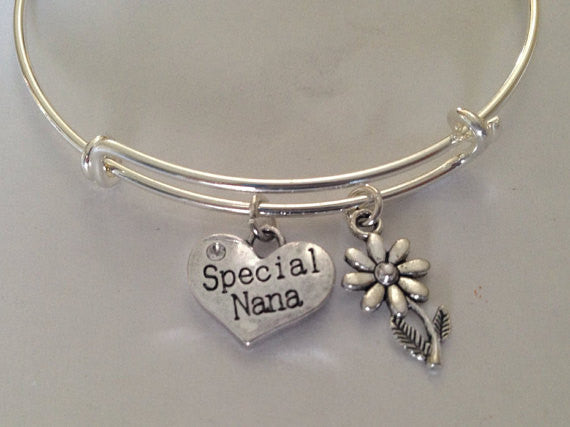 Special Nana Silver Charm Silver Plated Bracelet Adjustable Wire Bangle Expandable Trendy Handmade Grandmother Grandma