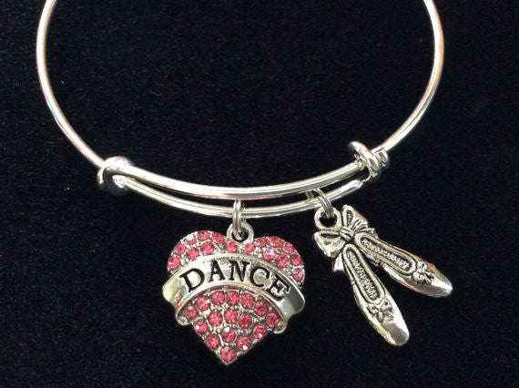 Pink Crystal Rhinestone Dance Charm with Ballet Slippers Silver Adjustable Expandable Wire Bangle Charm Bracelet Teacher Gift