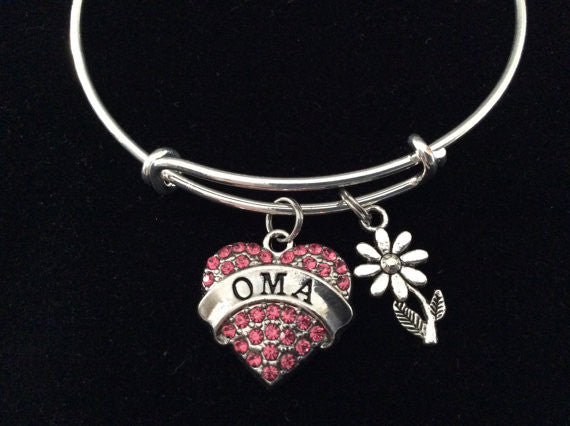Pink Oma Crystal Heart Charm Silver Bracelet on Expandable Adjustable Wire Bangle