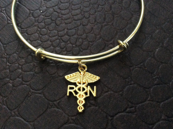 RN Caduceus Charm Bracelet Gold Bangle