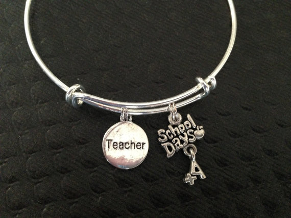 School Days with Double Sided Teacher Charm Silver Expandable Bracelet