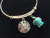 Sand Dollar and Turquoise Turtle on a Silver Adjustable Bangle