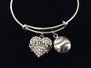 Softball Crystal Heart Charm on a Silver Expandable Bangle Bracelet 