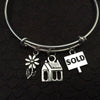Realtor Silver Bracelet Sold Sign with Flower on Expandable Adjustable Wire Bangle