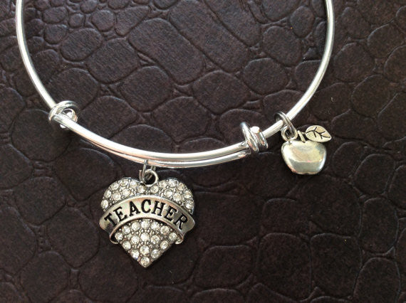 Teacher Heart Charm on a Silver Expandable Bangle Bracelet