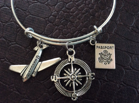 Travel Plane, Passport, Compass Expandable Adjustable Silver Wire Bangle