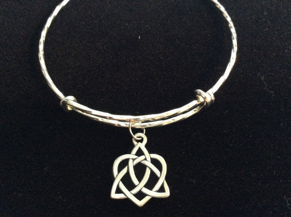 Celtic Heart on a Twisted Silver Expandable Charm Bracelet Adjustable Bangle Inspirational Meaningful