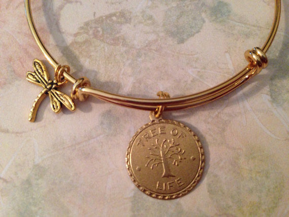 Tree of Life &amp; Dragonfly Gold Bangle Bracelet | Inspirational Charm Bracelet Gift