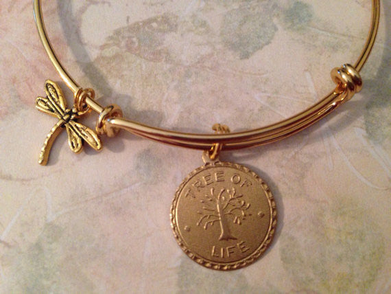 Tree of Life and Dragonfly Charm on an Expandable Adjustable Gold Bangle Bracelet Gift Inspirational and Meaningful Jewelry